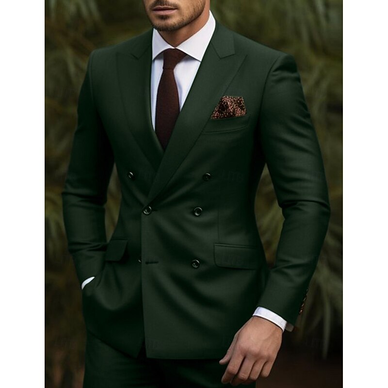 Men's Wedding Suits Peak Burgundy Dark Green Business WorkWear Solid Colored Tailored Fit 2 Piece Double Breasted Six-buttons