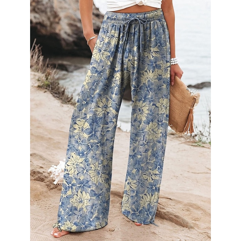 Women's Cotton Linen Wide Leg Chinos Baggy Pants Active Vacation Full Length High Waist Floral Elastic Waistband Printing Comfy Soft Comfortable Micro-elastic Outdoor Street Navy-blue Royal Blue4