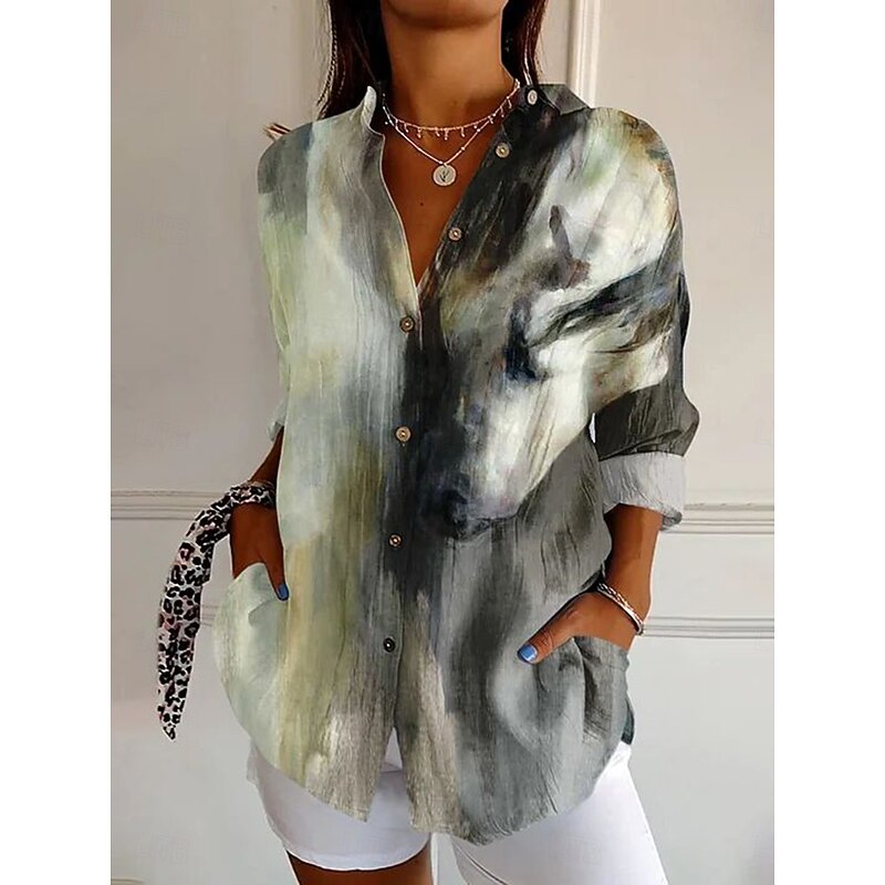 Women's Shirt Button Down Tunic Shirt Collar Long Sleeve Ombre Graphic Tie Dye Casual Regular Tops Work Daily s Print Sage Green Spring Fall Winter