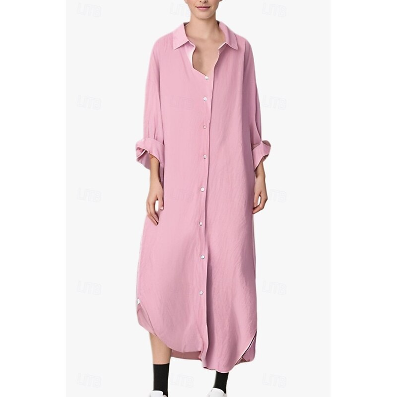 Women's Midi Dress Shirt Dress Cotton Linen Dress Fashion Basic Classic Vacation Holiday Going out Regular Fit Plain Long Sleeve Shirt Collar Black White Light Green Pink Summer4