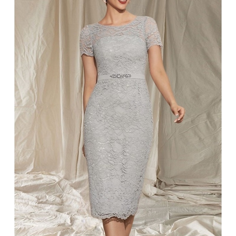 Two Piece Sheath / Column Mother of the Bride Dress Wedding Guest Elegant Crew Neck Tea Length Lace 3/4 Length Sleeve with Lace Beading Midi Dress4