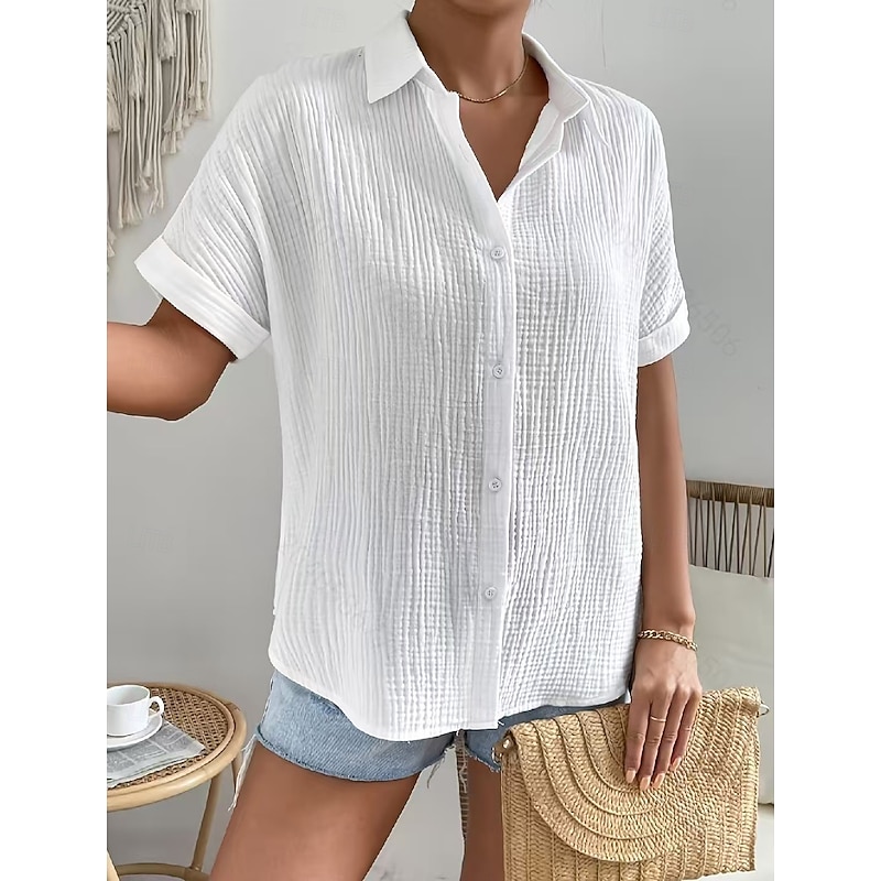 Women's Cotton Linen Shirt Blouse Solid Color Elegant Casual Short Sleeve Shirt Collar Regular Tops Daily Holiday Buttons White Summer Spring2