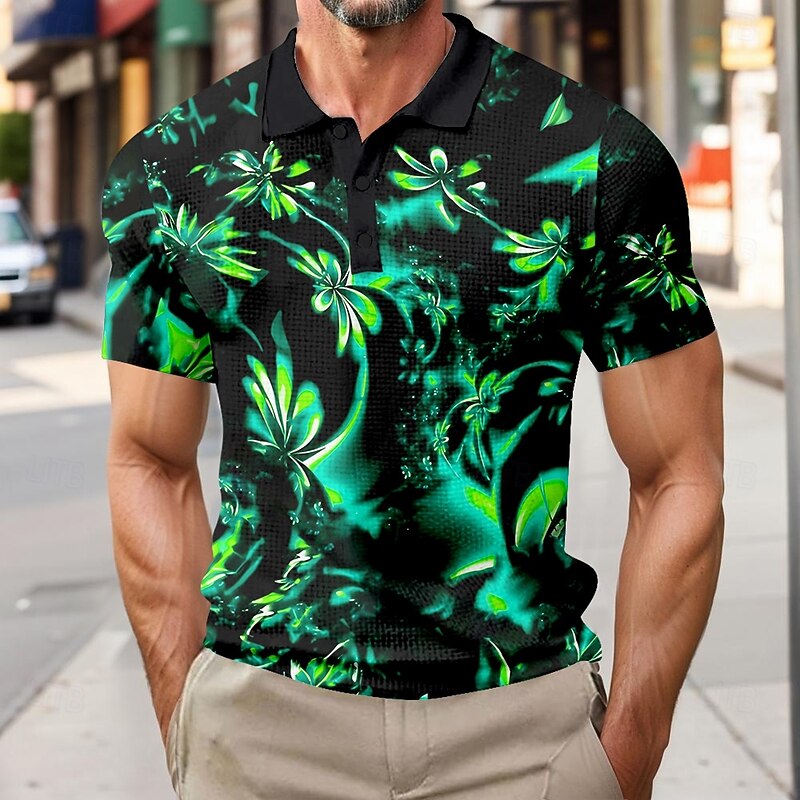 Men's Floral Waffle Polo Shirts Short Sleeve Polo Shirts Collared Shirts Business Casual Outdoor Business Athleisure Buttons 3D Print Summer Blue Purple Green2