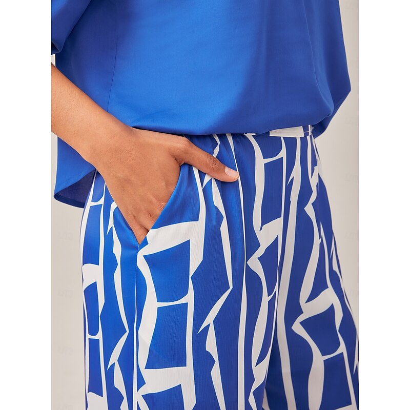 Ruched Waist Blue Printed Straight-Leg Pants3