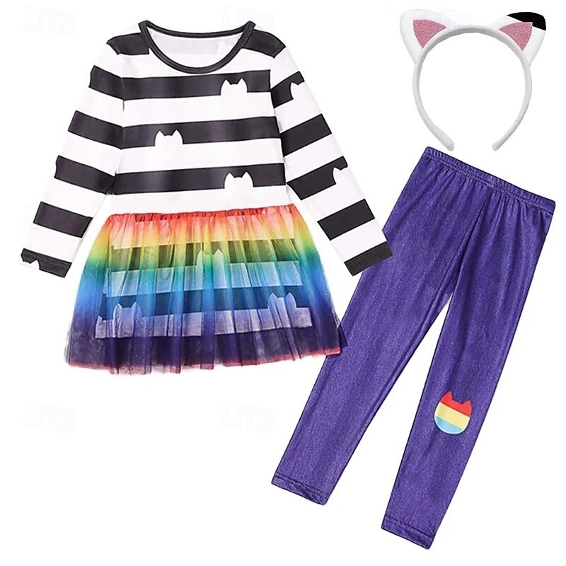 3 Pieces Kids Girls' Stripe Pants Suit Set Long Sleeve Fashion Outdoor 4 years+ Summer Rainbow Set Rainbow Set+Hairband Black White Set+Hairband3