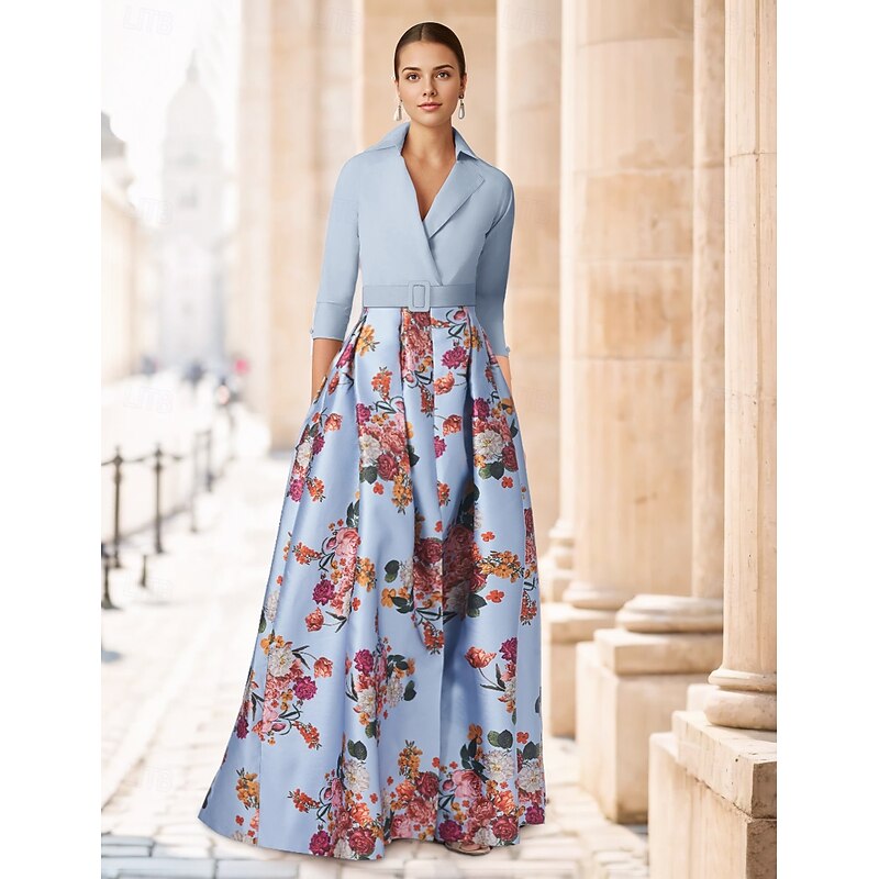 A-Line Mother of the Bride Evening Gown Elegant Dress Formal Wedding Floor Length Half Sleeve Shirt Collar Satin with Floral Print Slit Wedding Guest Dress4