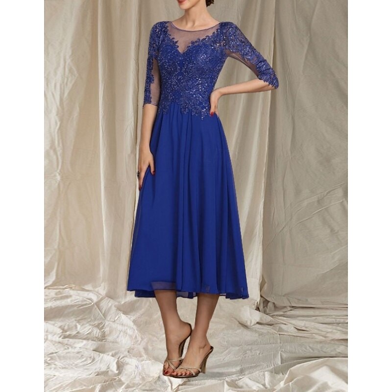 A-Line Mother of the Bride Dress Wedding Guest Elegant Crew Neck Tea Length Chiffon Tulle Half Sleeve with Beading Appliques Midi Dress4