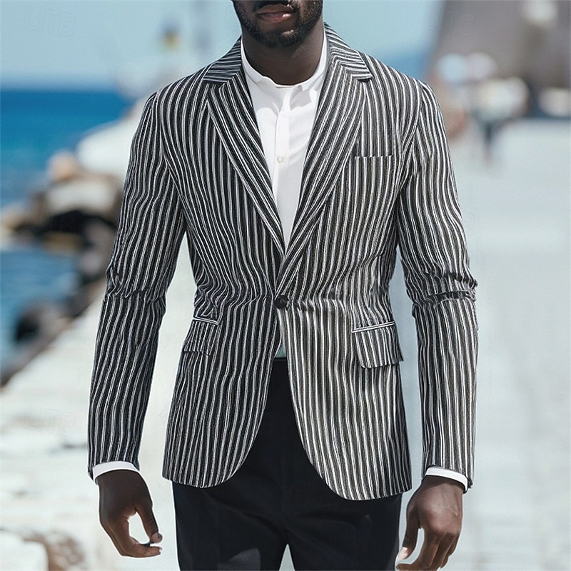 Men's Blazer Business Cocktail Party Wedding Party Fashion Casual Spring Autumn / Fall Polyester Stripes Pocket Buttons Comfortable Single Breasted Blazer Dark Gray Light Grey
