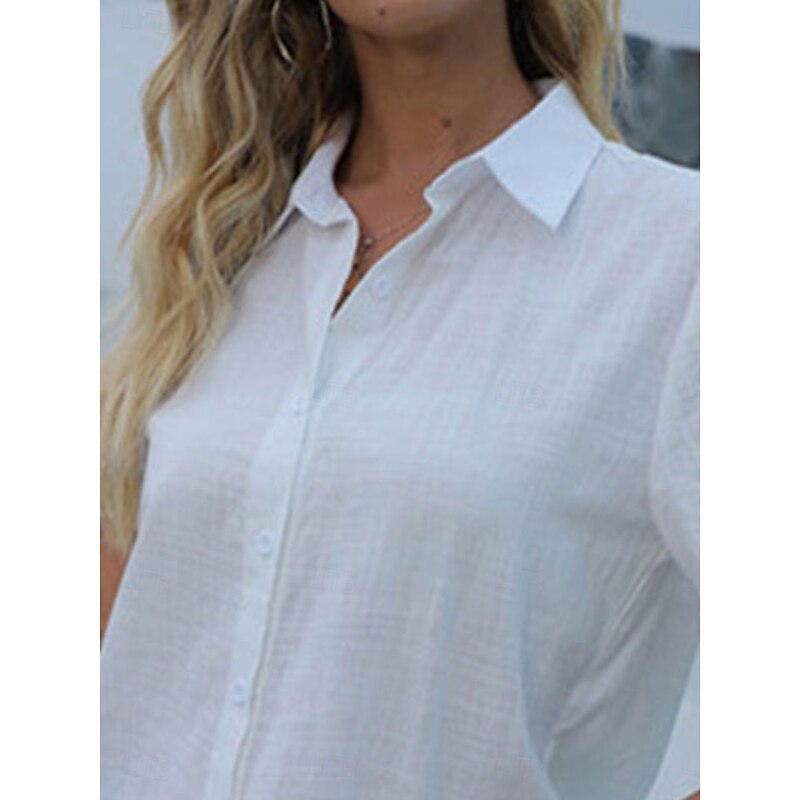Women's Shirt Blouse Solid Color Daily Stylish Casual Short Sleeve Shirt Collar Regular Tops Daily Linen Like Buttons Black White Pink Gray Summer Spring3