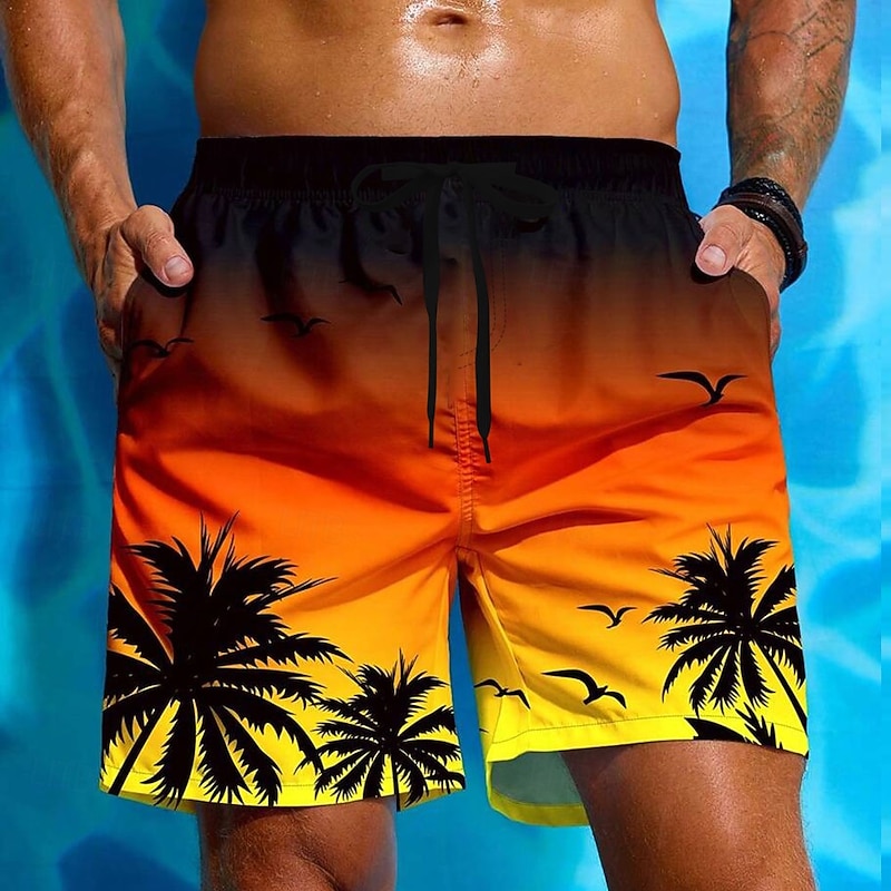 Men's Coconut Tree Gradient Color Tropical Plants Swim Trunks Swim Shorts Board Shorts Mid Waist Hawaiian Beach Vacation Wear Side Pockets Mesh Lining Elastic Drawstring Waist Designer Clothing