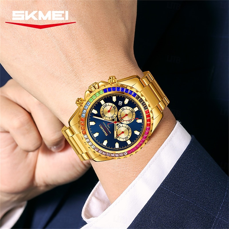 SKMEI Men's Watch with Diamond Studded Rainbow Circle Three Eye Six Pin Multifunctional Quartz Watch4