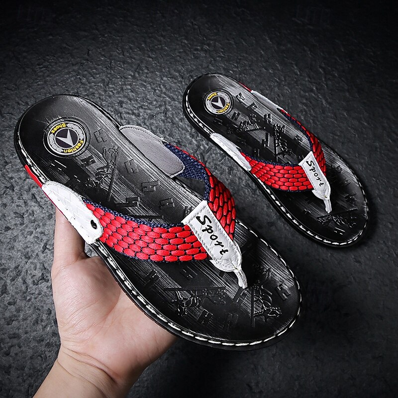 High-Performance Men's Faux Leather Flip-Flops - Black and Red with Racing-Inspired Textured Strap for Outdoor Adventures3