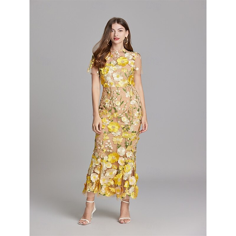 Mermaid / Trumpet Quinceanera Dresses Elegant Dress Wedding Wedding Guest Ankle Length Short Sleeve Crew Neck Polyester with Embroidery3