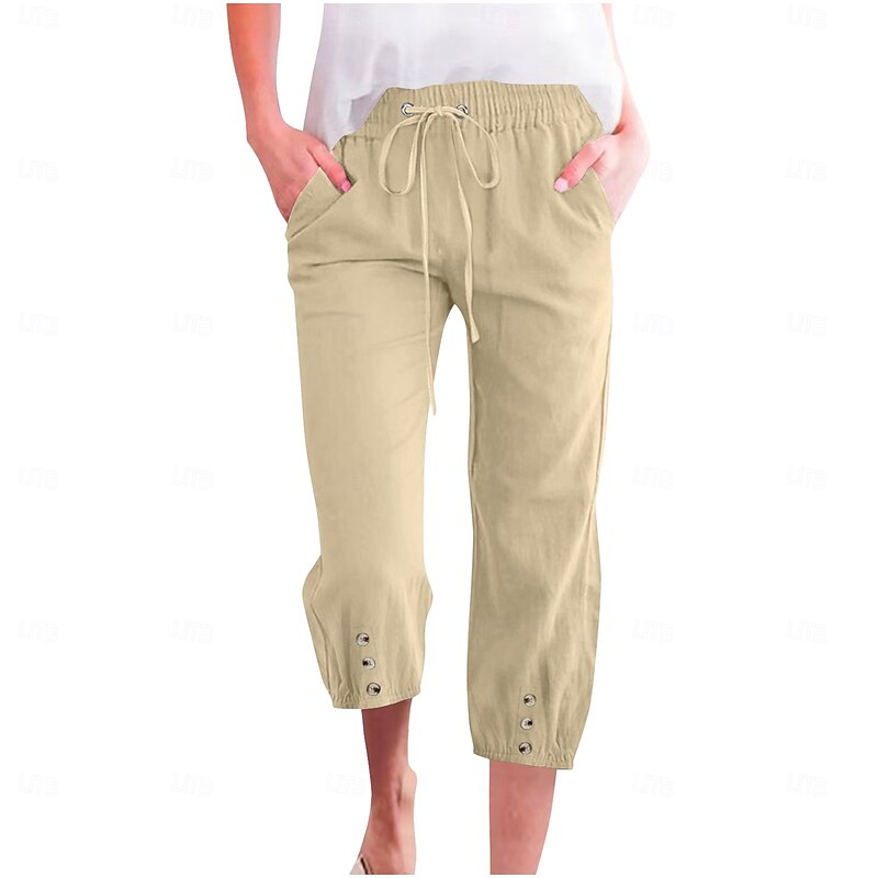 Women's Capri Pants Cotton Linen Pants Slacks Streetwear Casual Calf-Length High Waist Natural Plain Pocket Elastic Drawstring Design Breathability Soft Comfortable Micro-elastic Vacation Street2