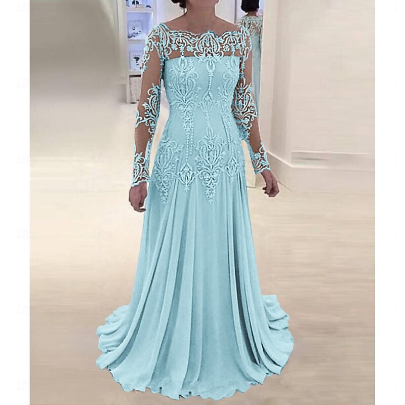 A-Line Mother of the Bride Dress Wedding Guest Elegant Scalloped Neckline Sweep / Brush Train  Long Sleeve with Pleats Appliques2