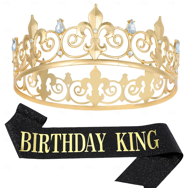 Elegant Birthday King 2-Piece Set for Men - Round Alloy Crown with Sash and Badge Decorations2