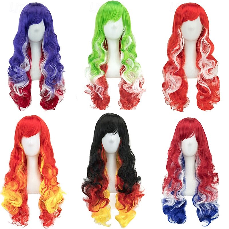 Synthetic Wig Wavy Curly Weave Layered Haircut With Bangs Machine Made Wig 28 inch A1 A2 A3 A4 A5 Synthetic Hair Women's Classic Comfortable Color Gradient Multi-color