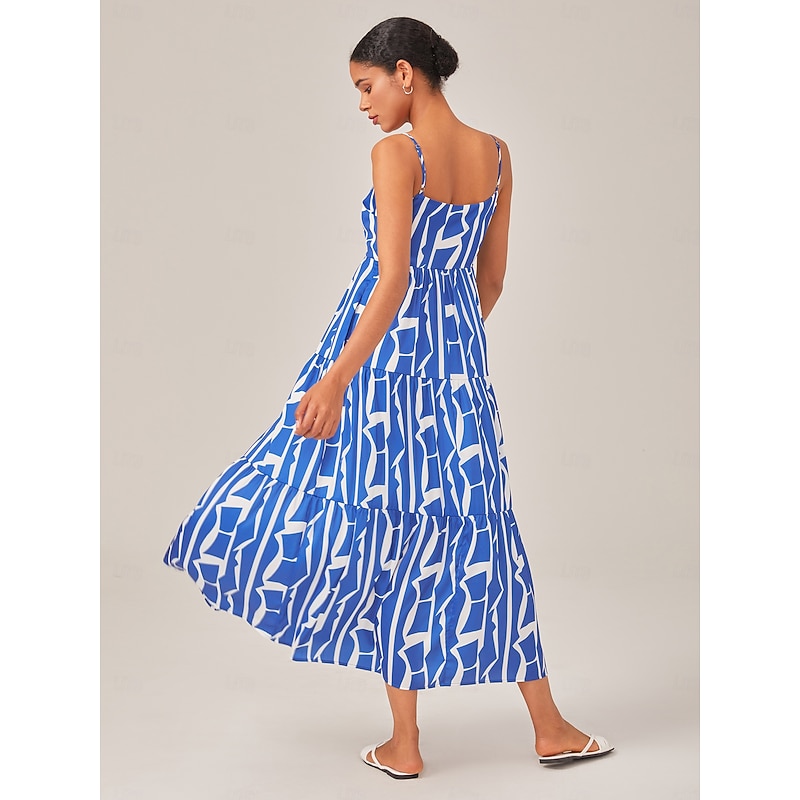 Blue Geometric Pattern Spaghetti Strap Dress4