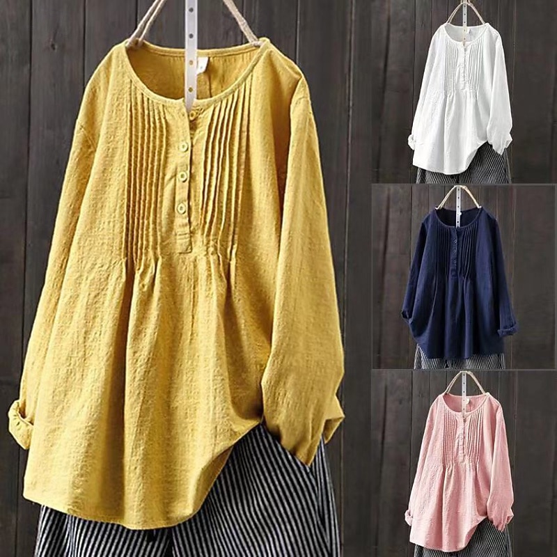 Women's Cotton Linen Shirts Blouse Plain Modern Casual Long Sleeve Crew Neck Regular Tops Daily Going out Ruched Buttons White Yellow Pink Navy Blue Summer