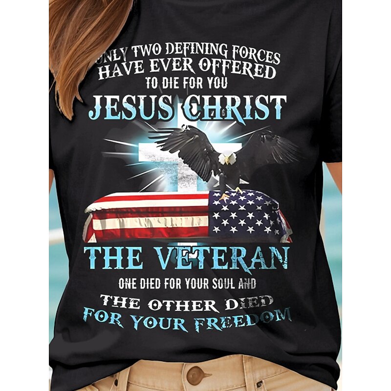 Women's Patriotic  T Shirt Cotton Shirt Graphic Animal Flag Casual Short Sleeve Round Neck Regular Tops Daily Print Black Summer3