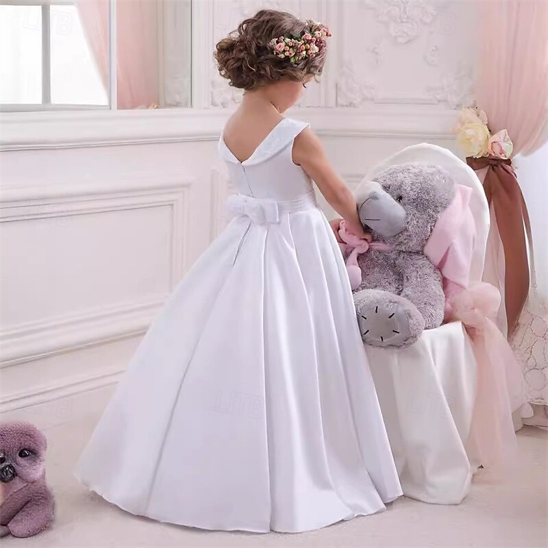 Flower Girl Dress Kid's Girls' Lace Dress Formal Dress Princess Dress First Communion Dress Performance Wedding Party Elegant Beautiful Lace Solid Color Sleeveless Crew Neck White 4 years+2