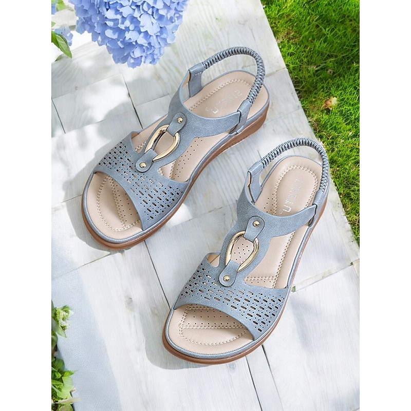 Women's Cutout Slip-On Comfort Sandals - Open-Toe Flat Sandals with Metal Accent for Casual & Outdoor Wear