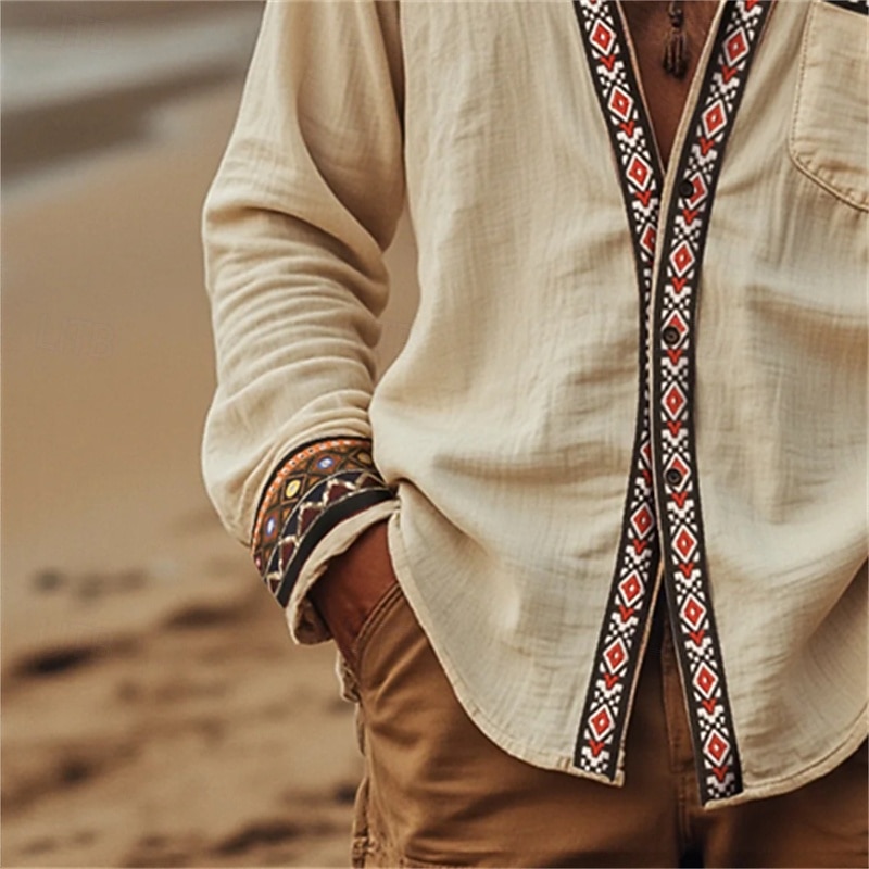 Men's Shirt Summer Shirt Beach Shirt Retro Shirts Vintage Shirt Untucked Shirts Solid Color Vacation Holiday Khaki Long Sleeve Clothing Apparel3