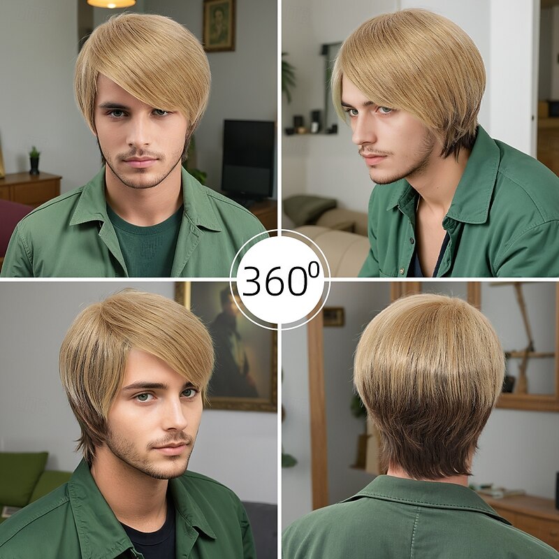 Synthetic Wig Wavy Curly Weave Asymmetrical Deep Parting Machine Made Wig 10 inch A1 Synthetic Hair Men's Classic Comfortable Color Gradient Multi-color4