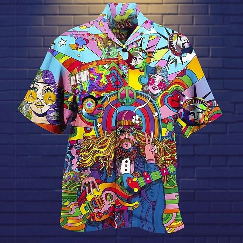Men's Music Hippie Shirt Summer Hawaiian Shirt Button Up Shirt Short Sleeve Sports Fashion Streetwear Casual Hawaiian Holiday Summer Spring Cuban Collar Print Button-Down White Black / Green Yellow2