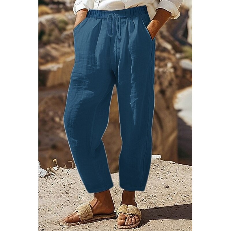 Women's Cotton Linen Shorts Linen-Inspired Pants Cotton Linen Pants Streetwear Casual Full Length Natural Plain Pocket Elastic Drawstring Design Comfy Outdoor Daily Wear Going out Black White Blue3