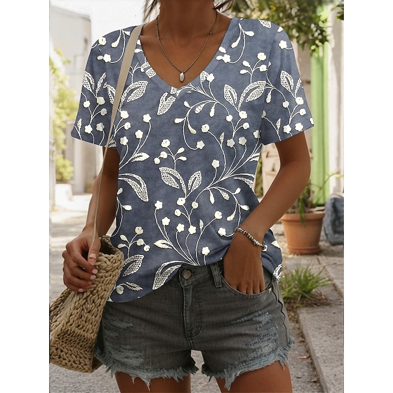 Women's T Shirt Ombre Floral Graphic Casual Short Sleeve V Neck Regular Tops Daily Print Yellow Red Blue Summer Spring