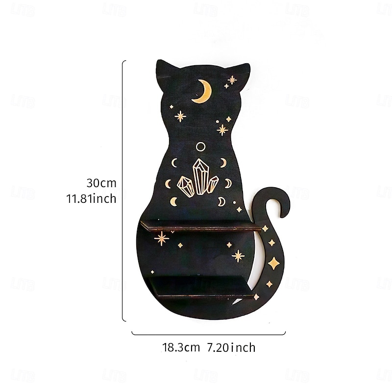 Black Cat Silhouette Wall Shelf with Gold Accents – Boho Wooden Hanging Display for Crystals, Candles, and Decor – Cute Kitty Wall Mounted Rack for Living Room, Bedroom, and Party Decoration3