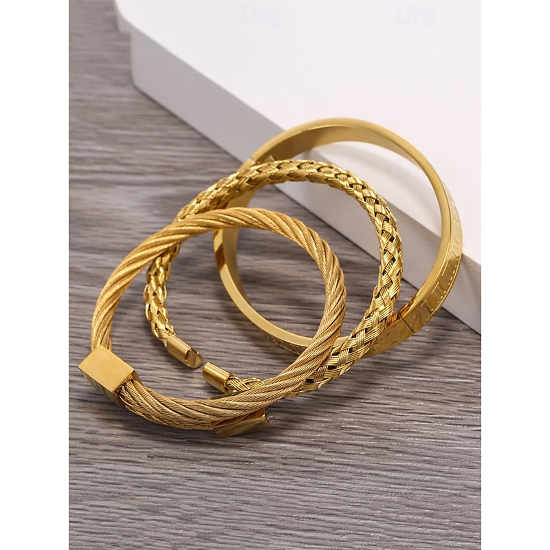 Men's Gold Stainless Steel Bracelet Set – Roman Numeral, Braided, and Cable Wire Cuff Bangles, Stylish Stackable Jewelry for Business, Casual, and Party Wear3