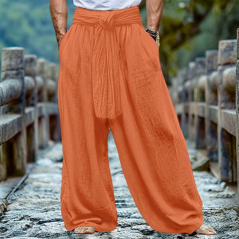 Men's Linen Pants Trousers Summer Pants Drawstring Elastic Waist Wide Leg Plain Comfort Breathable Full Length Casual Daily Holiday Fashion Classic Style Loose Fit White Navy Blue Micro-elastic2