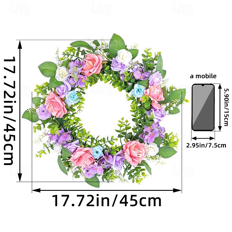 Spring Wreath European-Style Pink & Purple Rose - 45cm Large Artificial Floral Wall Hanging Decoration3