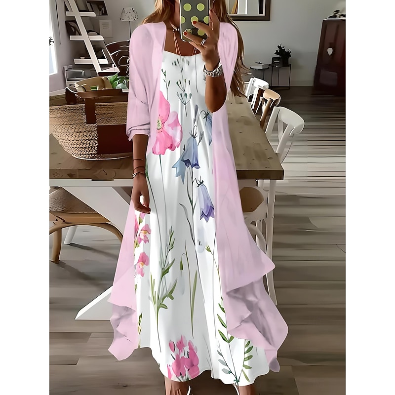 Women's Maxi Dress 2 Pieces Dress Set Sundress Summer Dress Slip Dress Vacation Formal Boho Vacation Loose Fit Floral Graphic 3/4 Length Sleeve Strap V Neck Pink Summer Spring