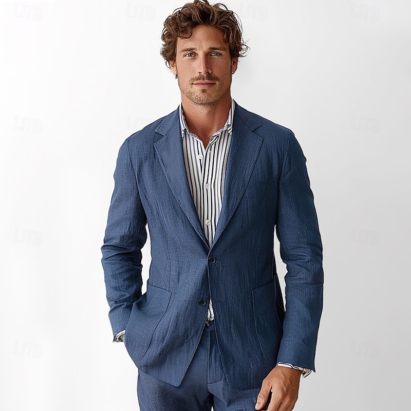 Men's Linen Blazer Suits Wedding Anniversary Vacation Elegant Neutral Spring &  Fall Cotton Linen Solid Color Buttons Comfy Single Breasted Two-button Blazer Dark Gray Navy Blue