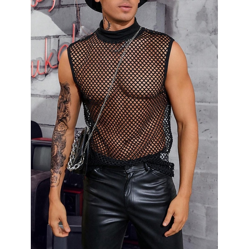 Men's Tank Top Sleeveless Shirt Sleeveless Crew Neck Summer Solid Color Fashion Designer Muscle Mesh Outdoor Street Bar Black Top Tee for Men