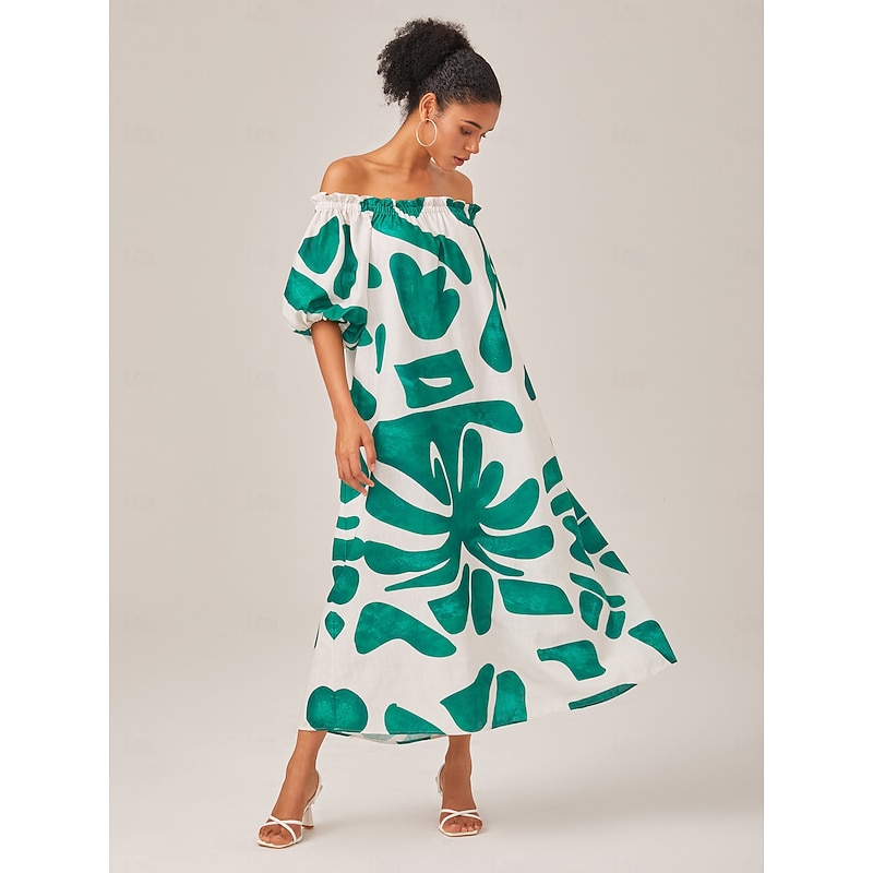 Loose-Fitting Boat-Neck Printed Color-Block Dress