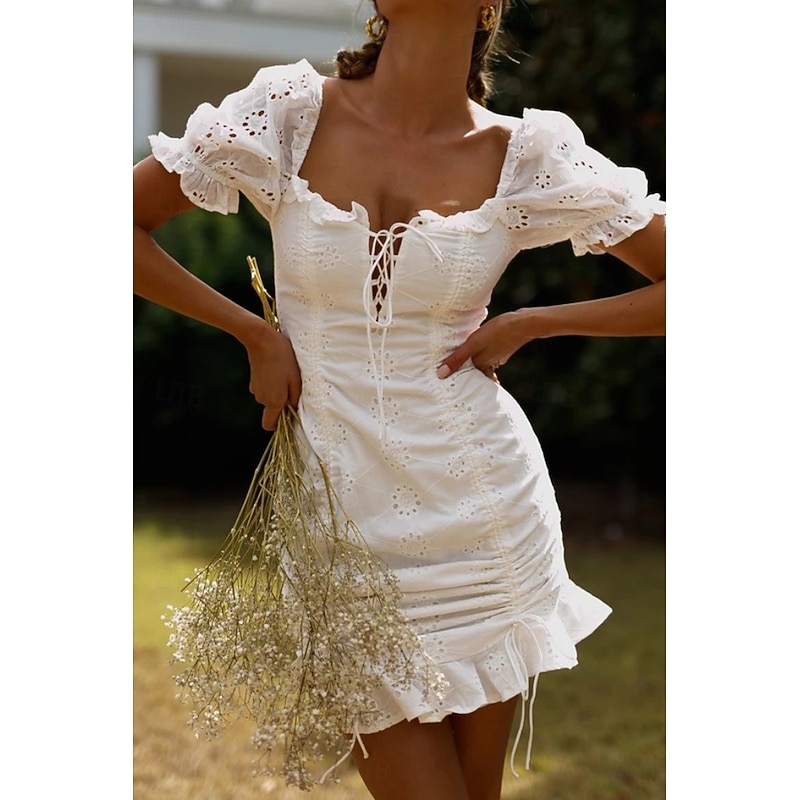 Women's Mini Dress White Dress Graduation Dress Fashion Vacation Birthday Weekend Regular Fit Plain Short Sleeve Square Neck White Summer3