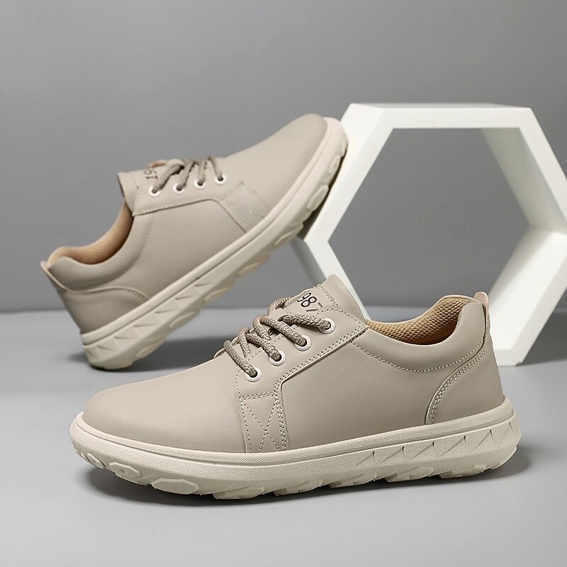 Men's Casual Beige Leather Sneakers with Lace-Up Design - Perfect for Everyday Comfort and Leisure Activities3