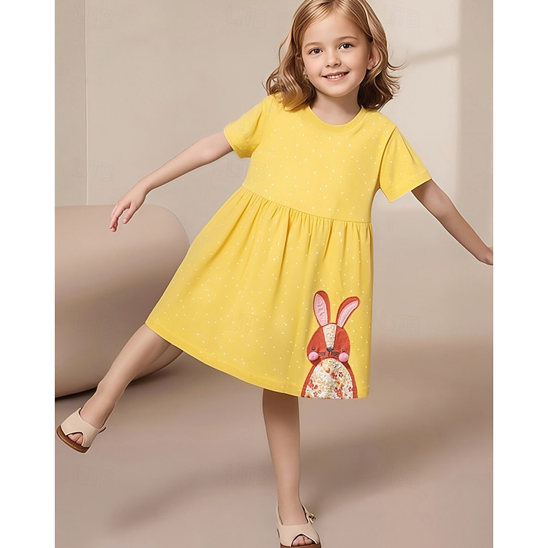 Kids Girls' Dress Rabbit Short Sleeve Outdoor Casual Fashion Adorable 100% Cotton Knee-length Casual Dress A Line Dress Summer 4 years+ Yellow