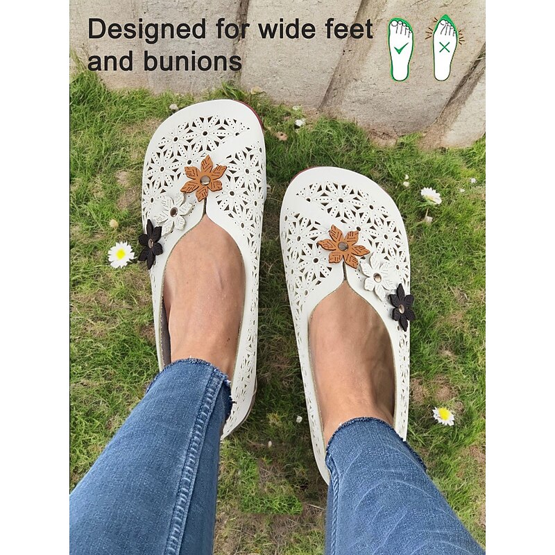Wide-Fit Floral Cutout Slip-On Flats for Women - Breathable Comfort Barefoot Shoes for Bunion Relief & Daily Wear