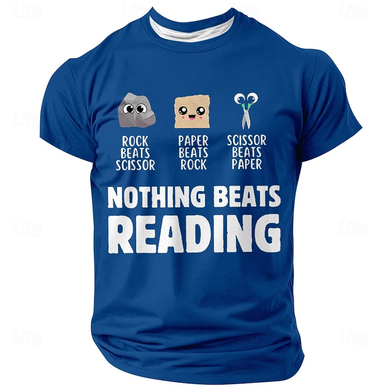 Men's Funny Reading Graphic T-Shirt - Nothing Beats Reading Rock Paper Scissors Pun Design