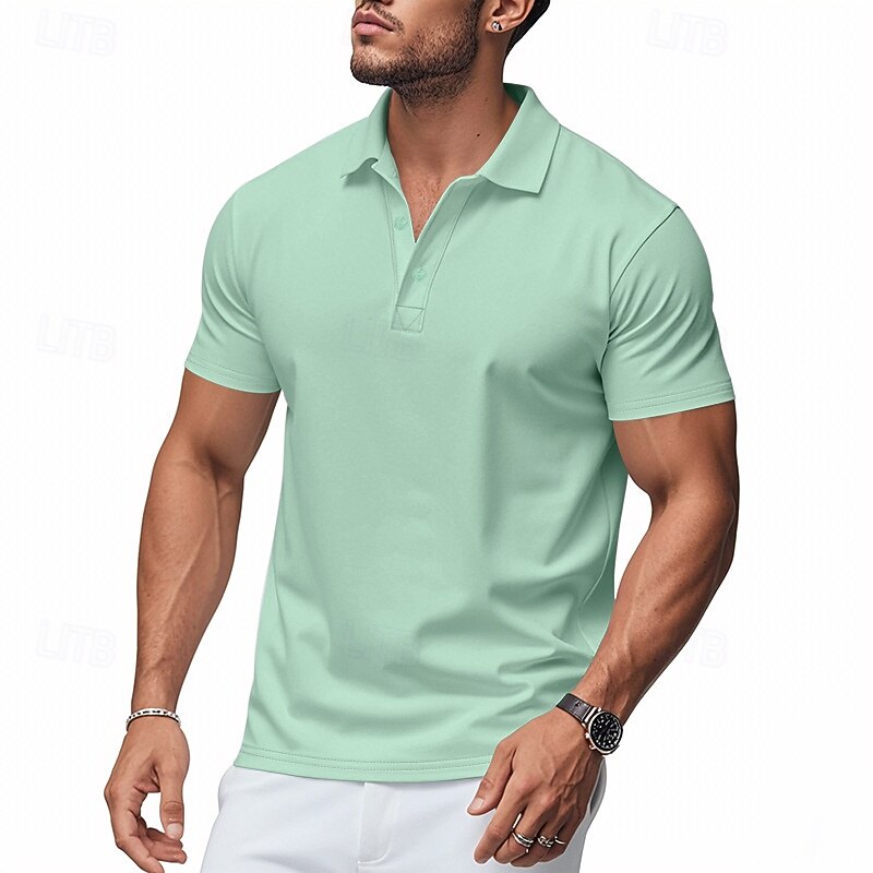 Men's Golf Shirt Pique Polo Shirt Business Casual Ribbed Polo Collar Short Sleeve Fashion Basic Solid Color Buttons Summer Spring &  Fall Regular Fit Black White Light Green Navy Blue Light Grey Golf2