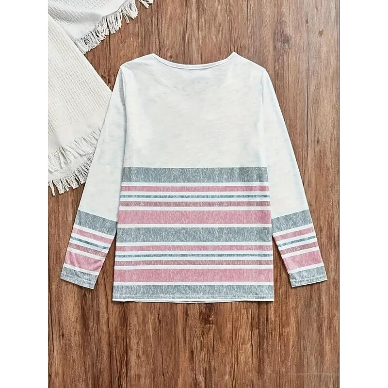 Women's T Shirt V Neck Long Sleeve Tunic Geometric Striped Elegant Vintage Regular Tops Daily Going out Weekend Print White and gray Summer Spring2