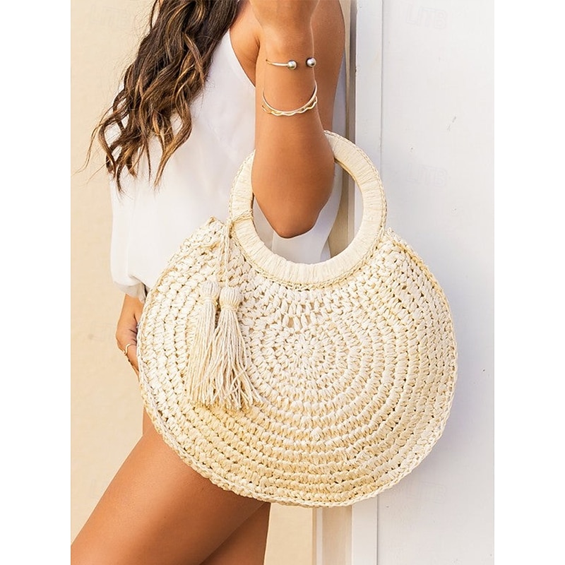 Women's Large Capacity Handmade Woven Straw Round Tote Bag - Bohemian Beach Tote with Tassels, Summer Vacation Rattan Wallet for Travel, Shopping and Vacation Brown Beige3