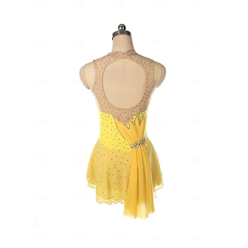 Figure Skating Dress Women's Girls' Ice Skating Dress Yellow Patchwork Open Back Mesh Spandex Stretchy Training Practice Professional Skating Wear Thermal Warm Crystal / Rhinestone Sleeveless Ice2