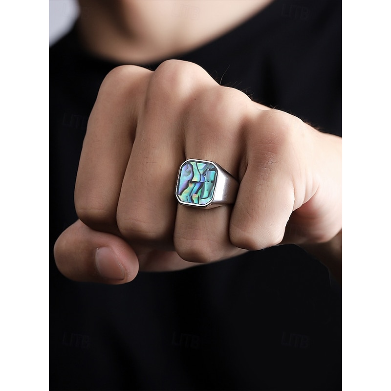 Men's square streamer shell stainless steel ring, gold and silver, fashionable and individual, suitable for daily vacation wear and casual gatherings2