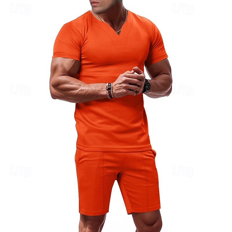 Men's T-shirt Suits 2 Pieces Outfits Tee & Shorts Short Sleeve V Neck Summer Plain Fashion Casual 2 Piece Vacation Daily Wear Going out Black White Orange Top Tee for Men2